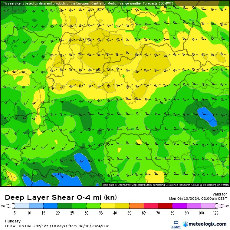 ECMWF által előrejelzett szélnyírás. Forrás: meteologix